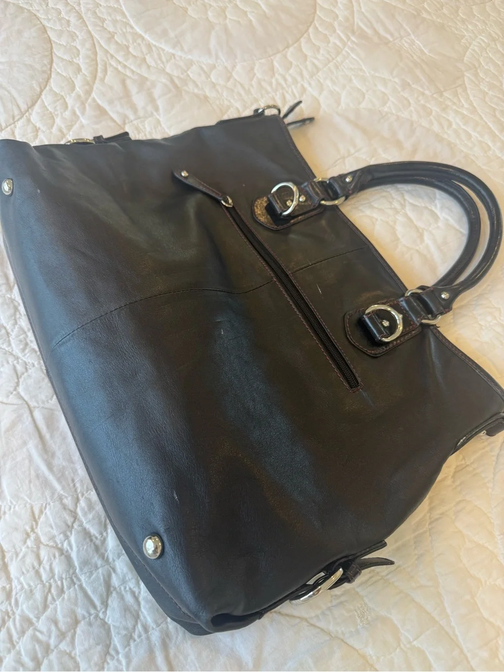 Franklin Covey Soft Black Leather Laptop Tote with Polished Silver Accents